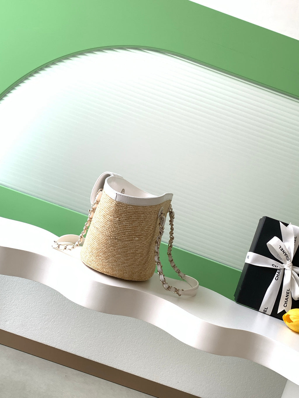 Chanel 26C Raffia & White Leather Basket Bag