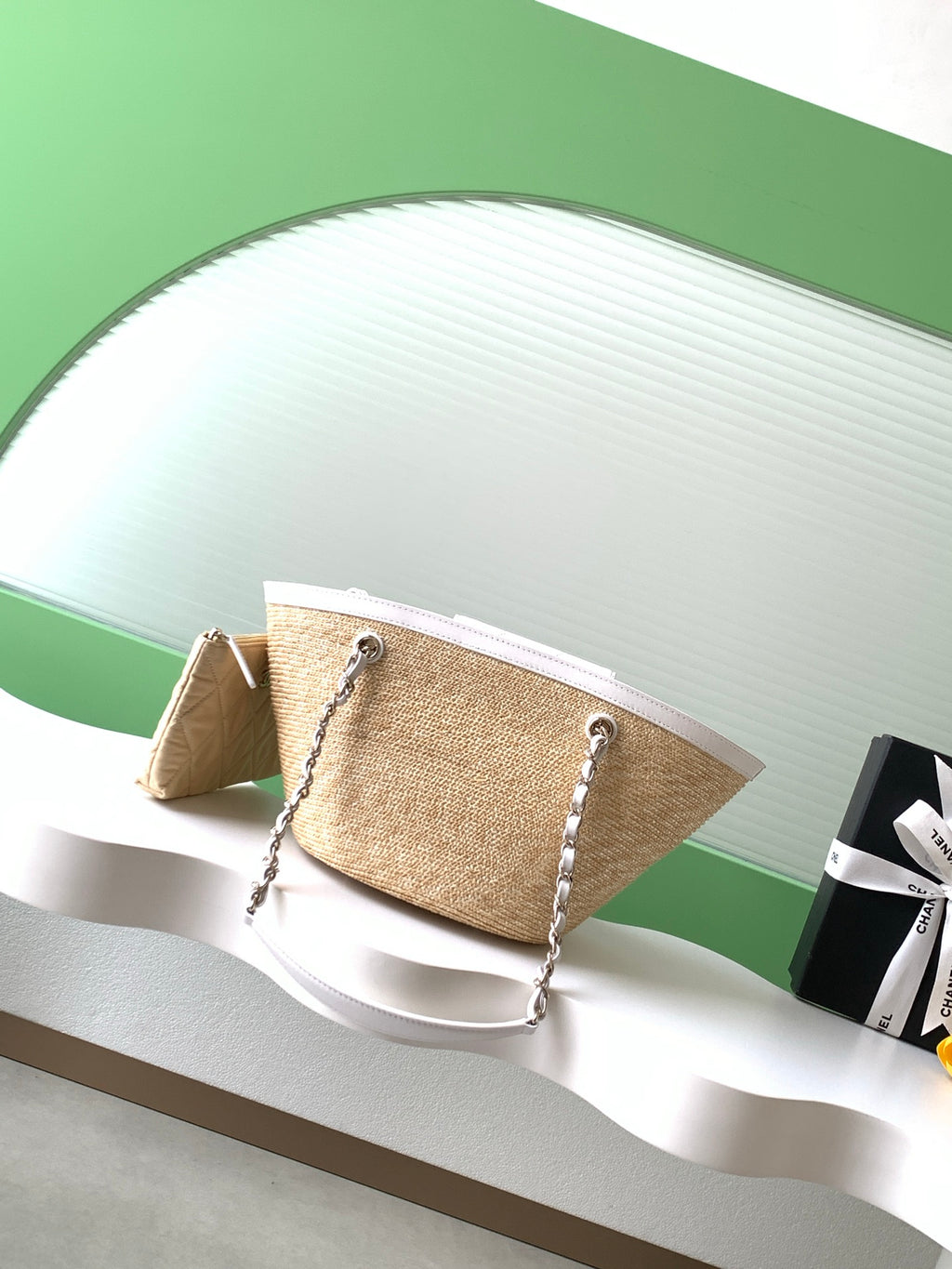 Chanel 26C Raffia & White Leather Basket Bag