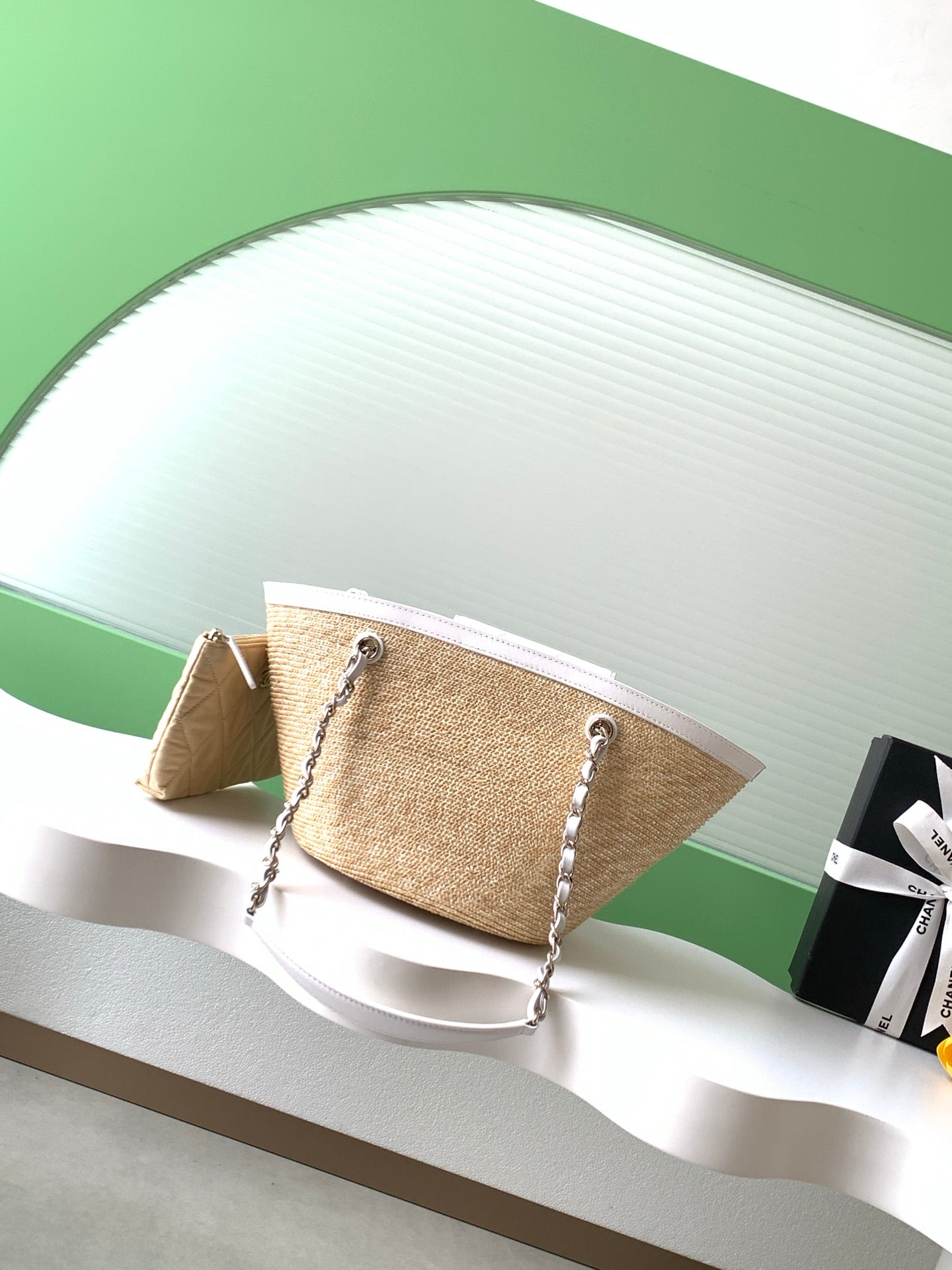 Chanel 26C Raffia & White Leather Basket Bag