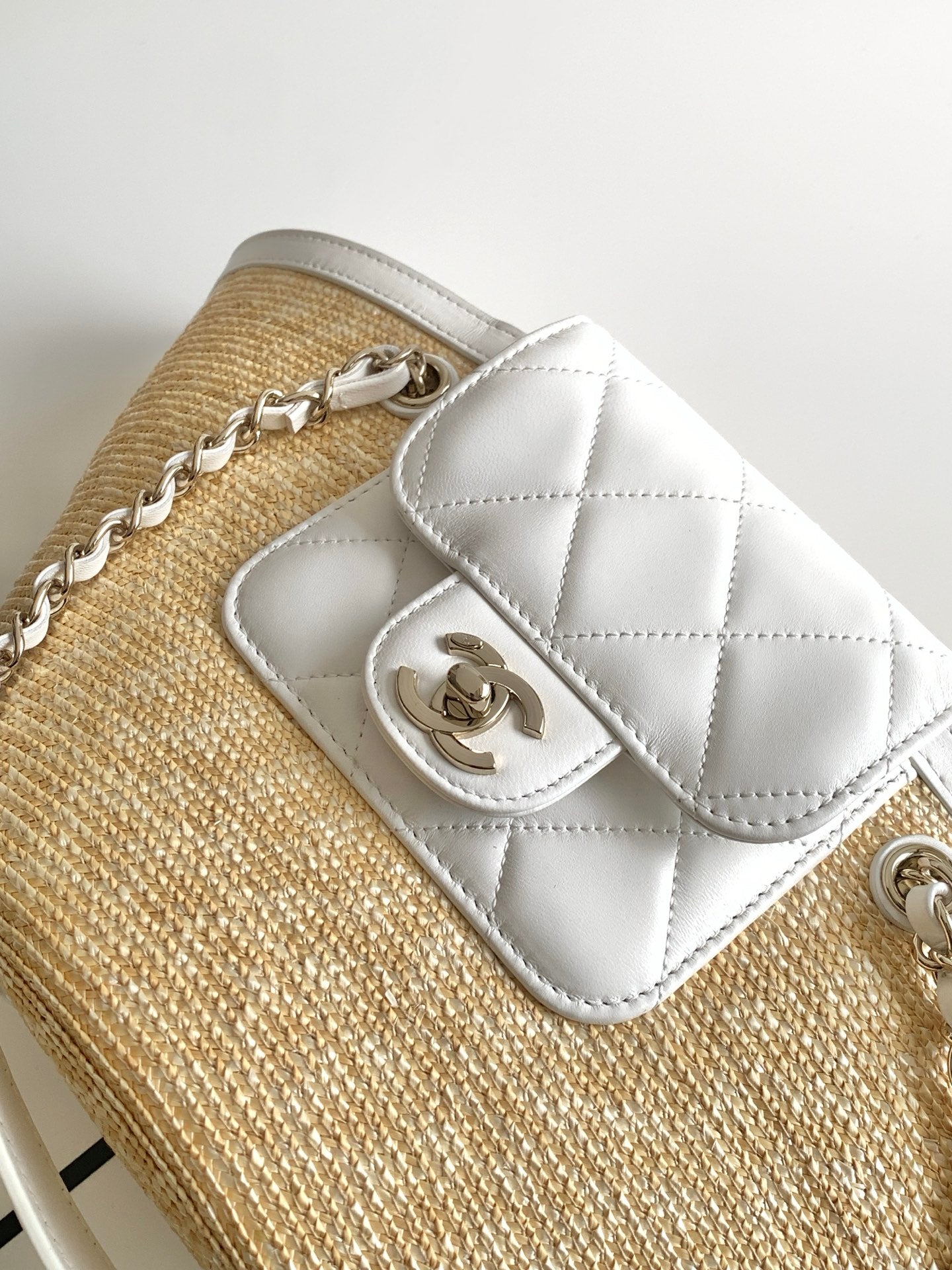 Chanel 26C Raffia & White Leather Basket Bag