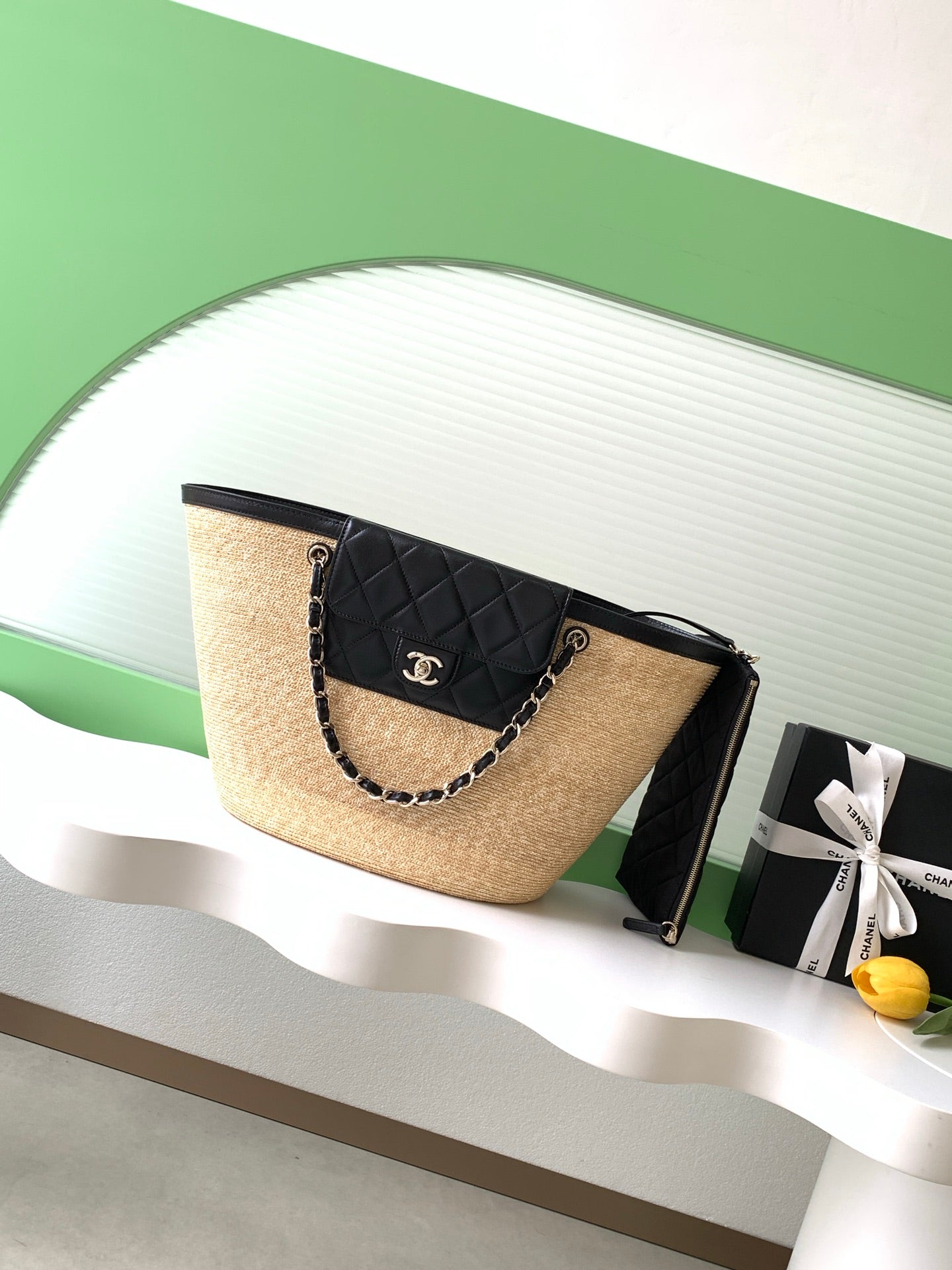 Chanel 26C Raffia & Black Leather Basket Bag