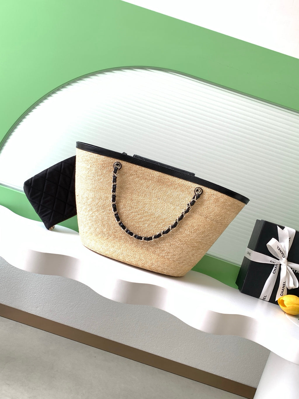 Chanel 26C Raffia & Black Leather Basket Bag