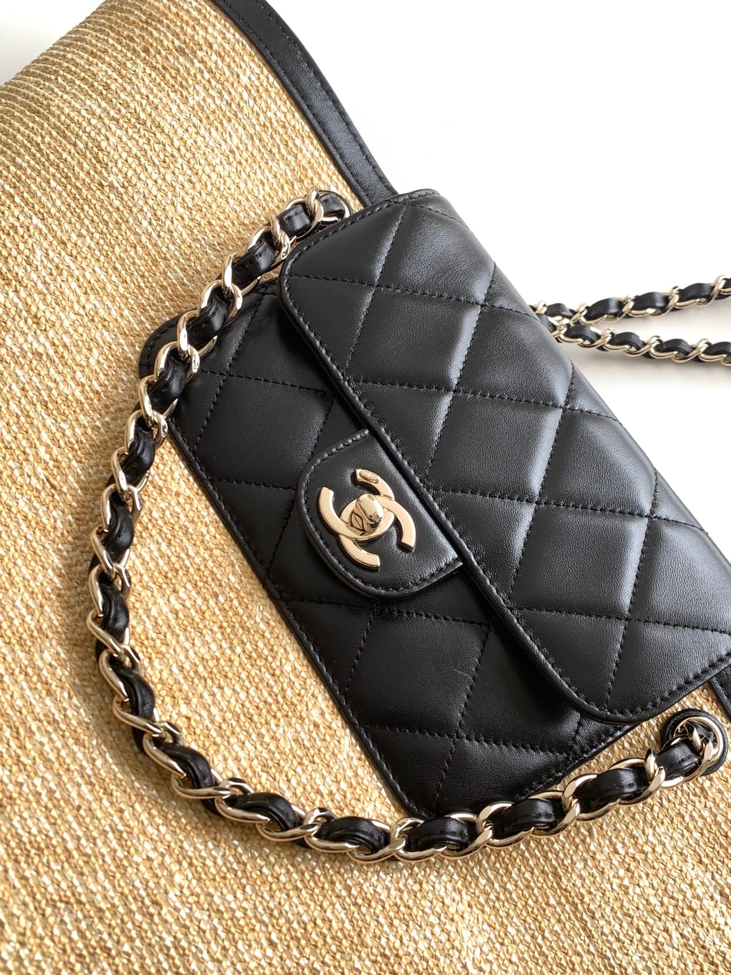 Chanel 26C Raffia & Black Leather Basket Bag
