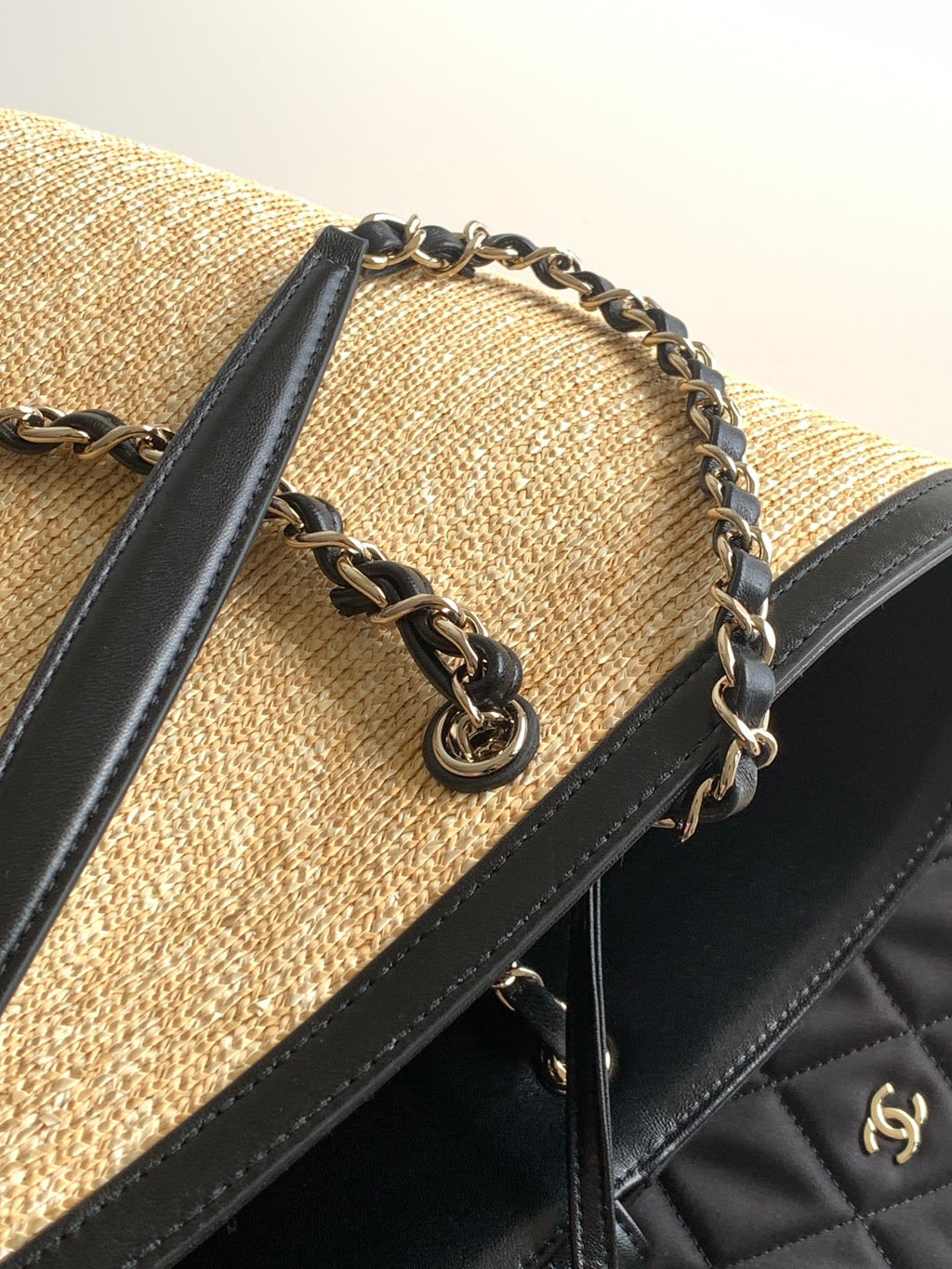Chanel 26C Raffia & Black Leather Basket Bag