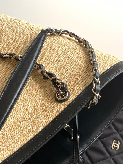 Chanel 26C Raffia & Black Leather Basket Bag