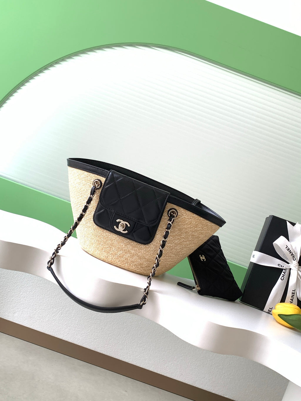 Chanel 26C Raffia & Black Leather Basket Bag