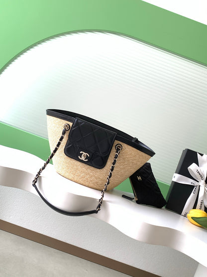 Chanel 26C Raffia & Black Leather Basket Bag