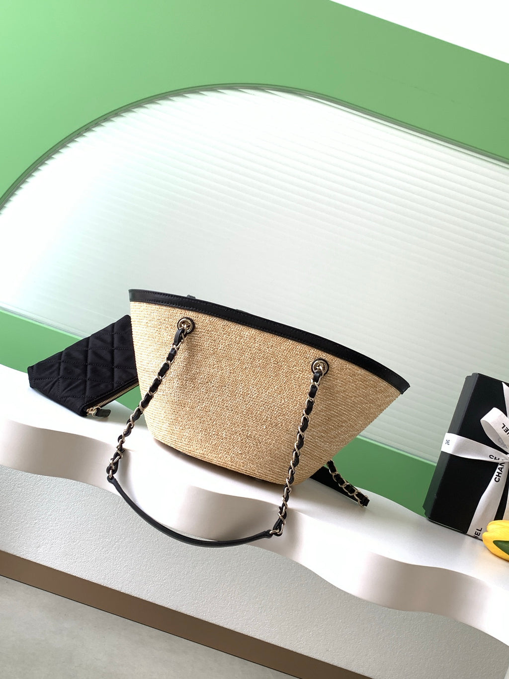 Chanel 26C Raffia & Black Leather Basket Bag
