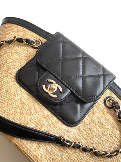 Chanel 26C Raffia & Black Leather Basket Bag