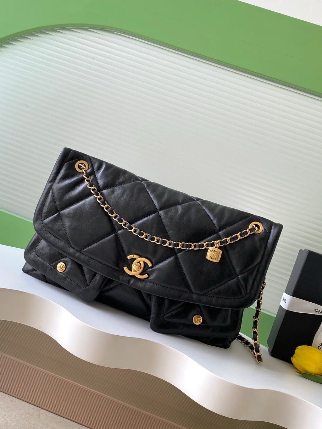 Chanel 26S Multi Pocket Flap Bag Black & Gold