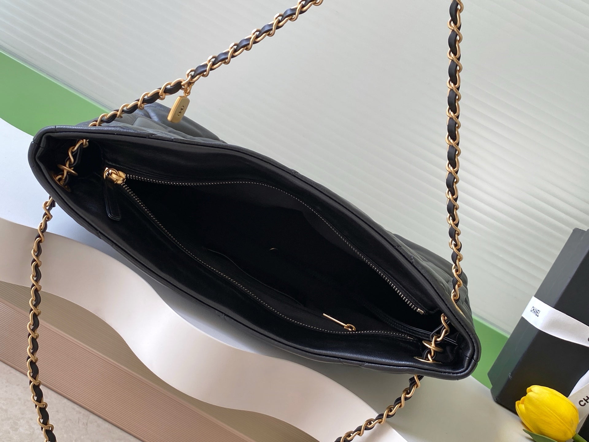 Chanel 25K Large Multi Pocket Shopping Bag Black & Gold