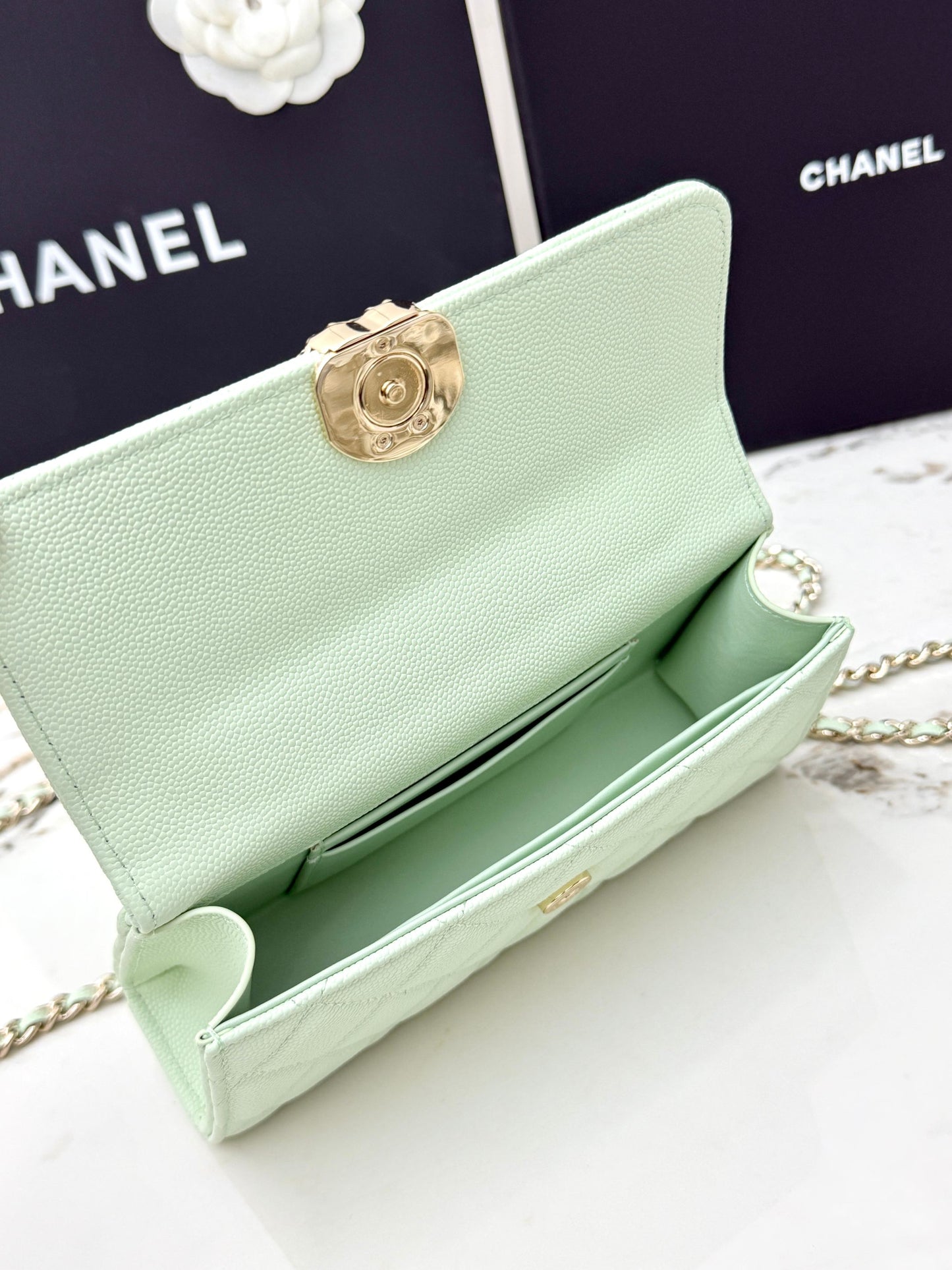 Chanel 25S Caviar Leather Kelly Handle Bag — Bubble Green
