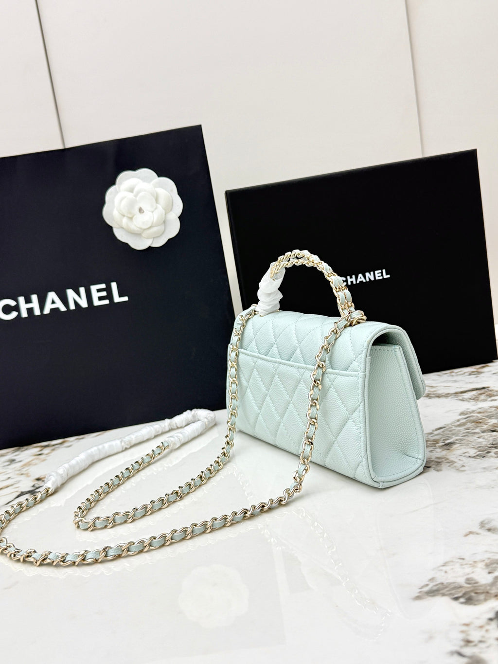 Chanel 25S Caviar Leather Kelly Handle Bag — Light Blue