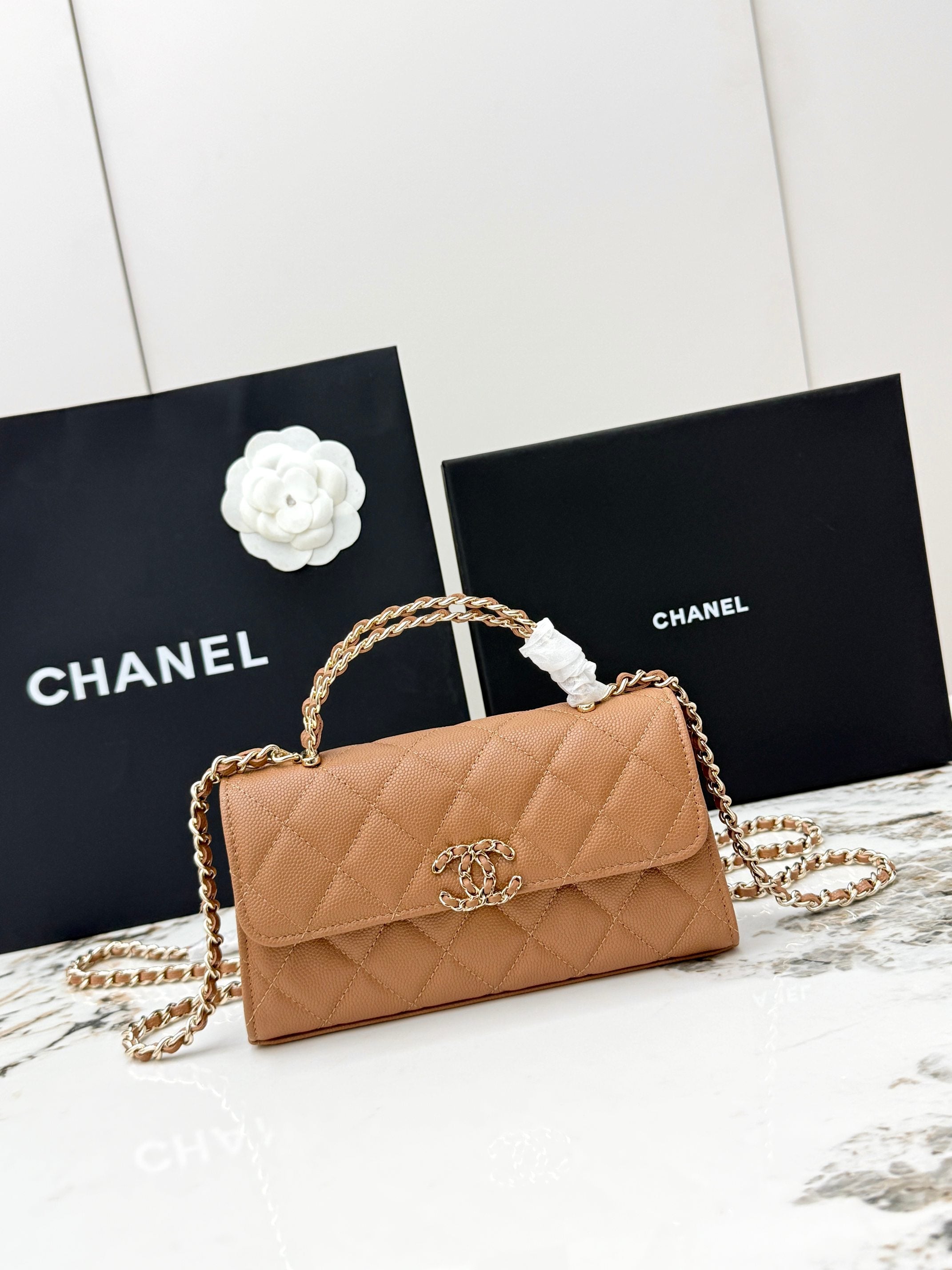 Chanel 25S Caviar Leather Kelly Handle Bag — Caramel