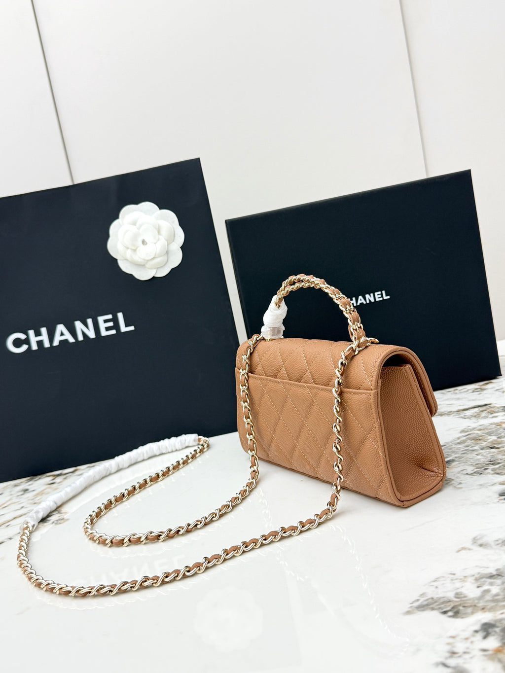 Chanel 25S Caviar Leather Kelly Handle Bag — Caramel