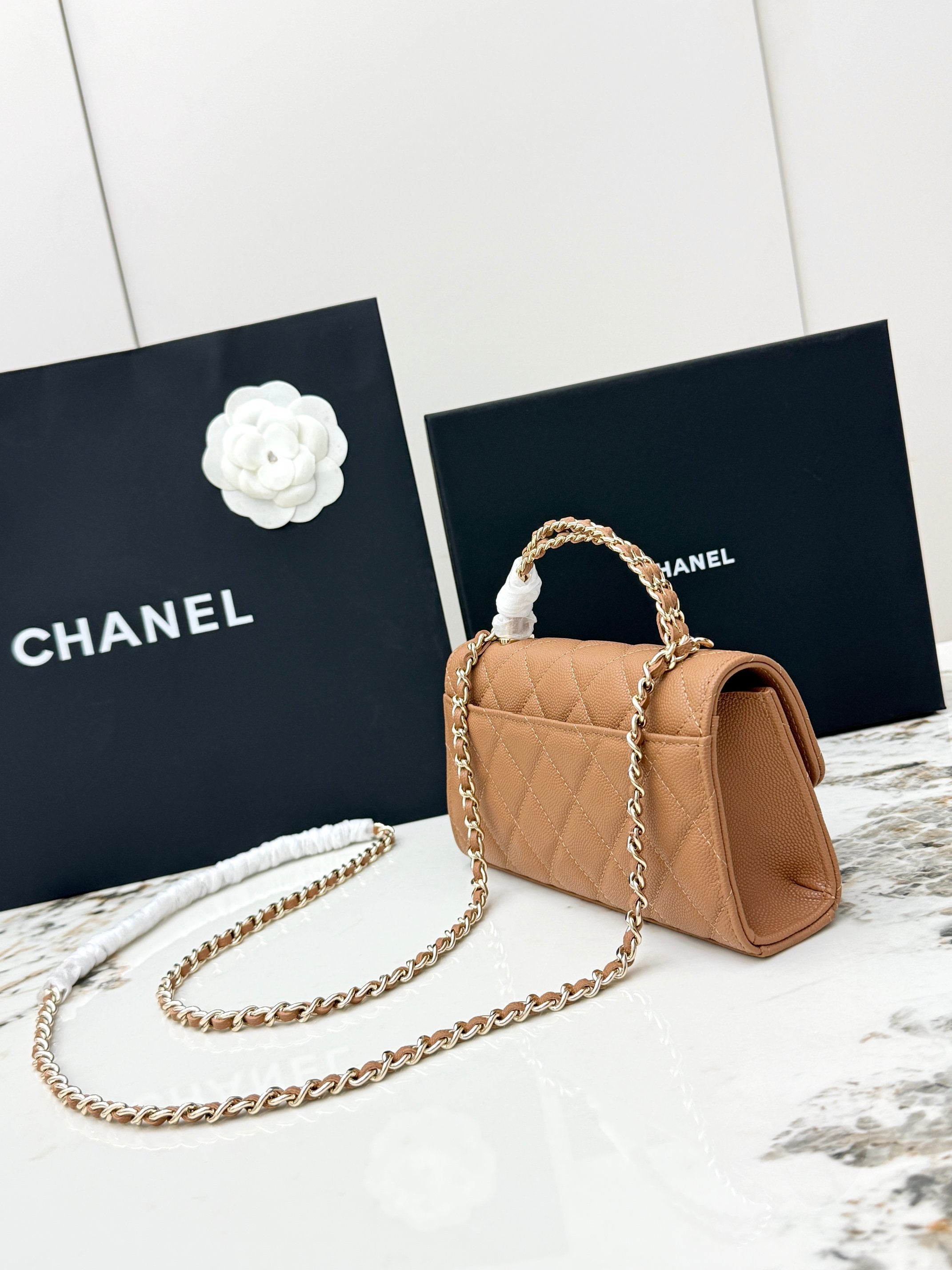 Chanel 25S Caviar Leather Kelly Handle Bag — Caramel