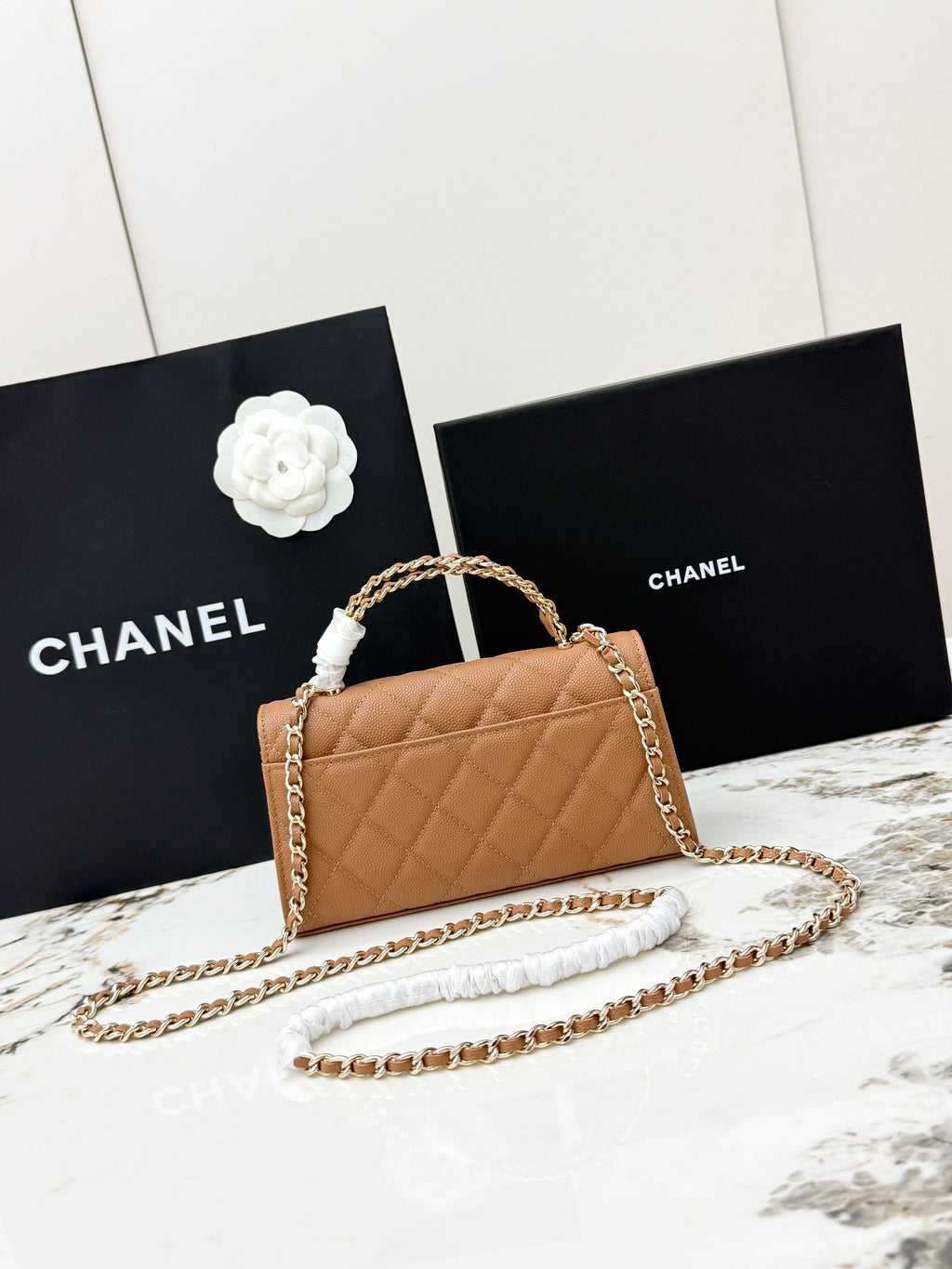 Chanel 25S Caviar Leather Kelly Handle Bag — Caramel