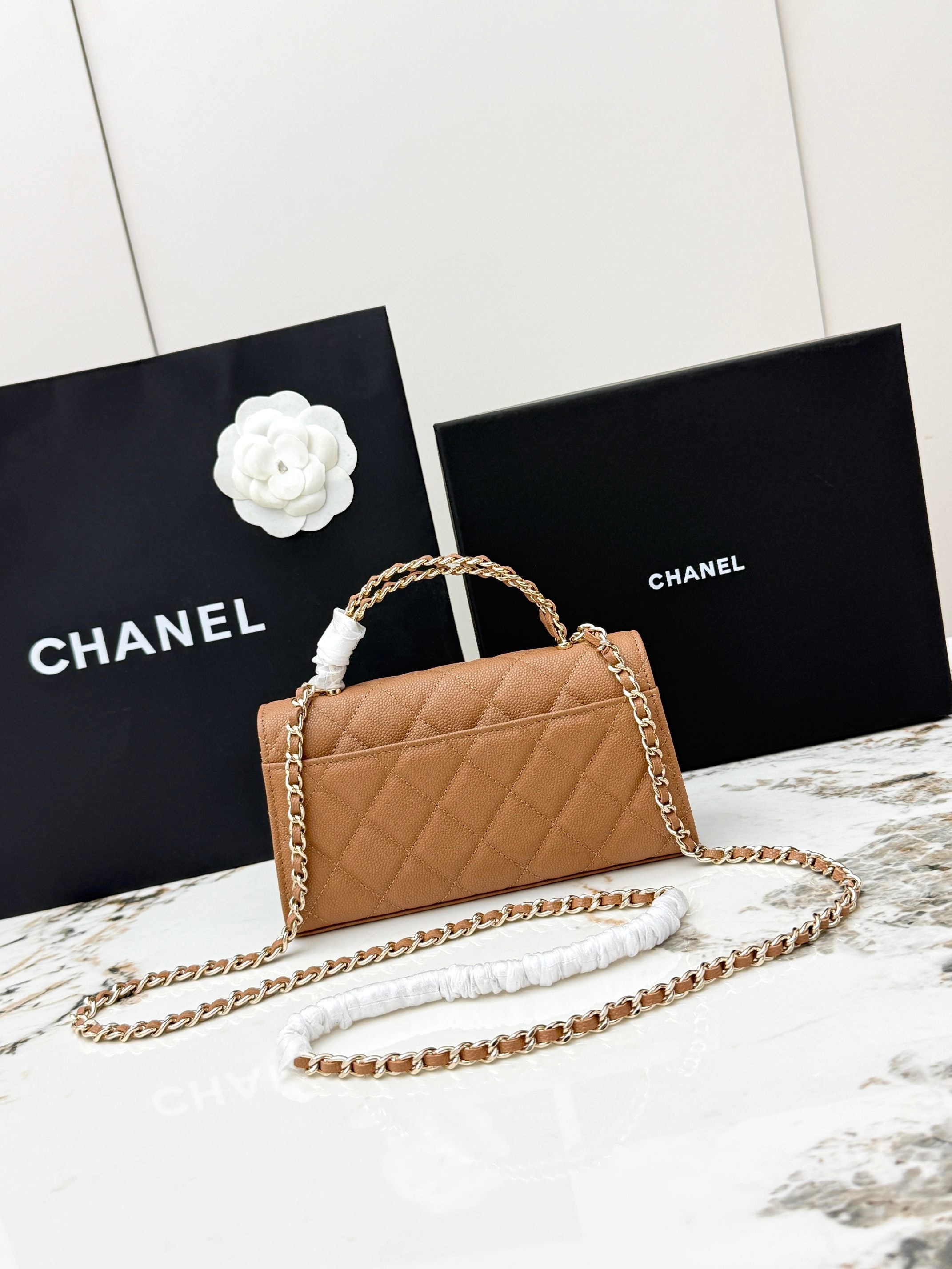 Chanel 25S Caviar Leather Kelly Handle Bag — Caramel
