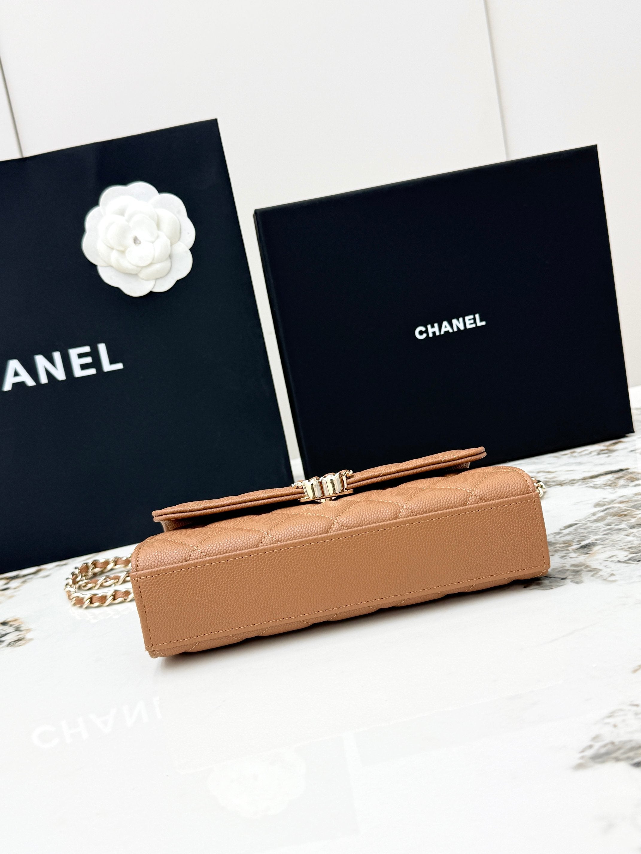 Chanel 25S Caviar Leather Kelly Handle Bag — Caramel