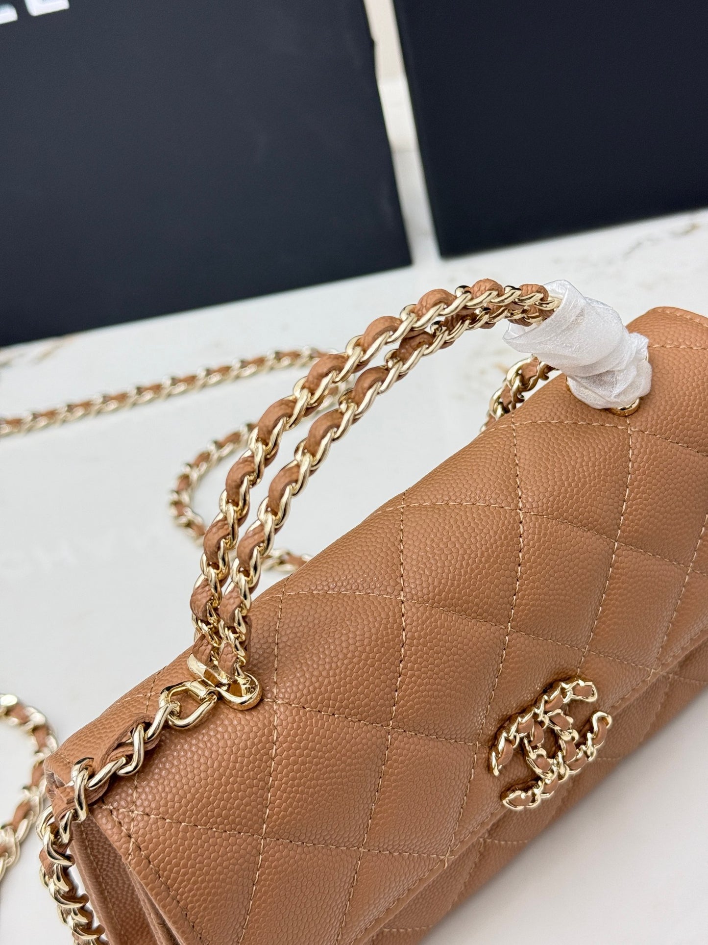 Chanel 25S Caviar Leather Kelly Handle Bag — Caramel