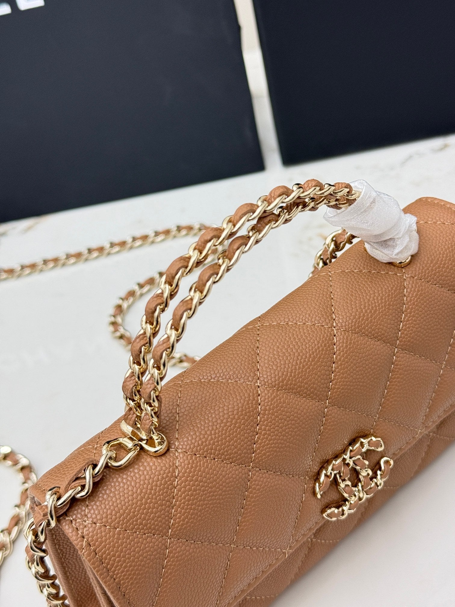 Chanel 25S Caviar Leather Kelly Handle Bag — Caramel