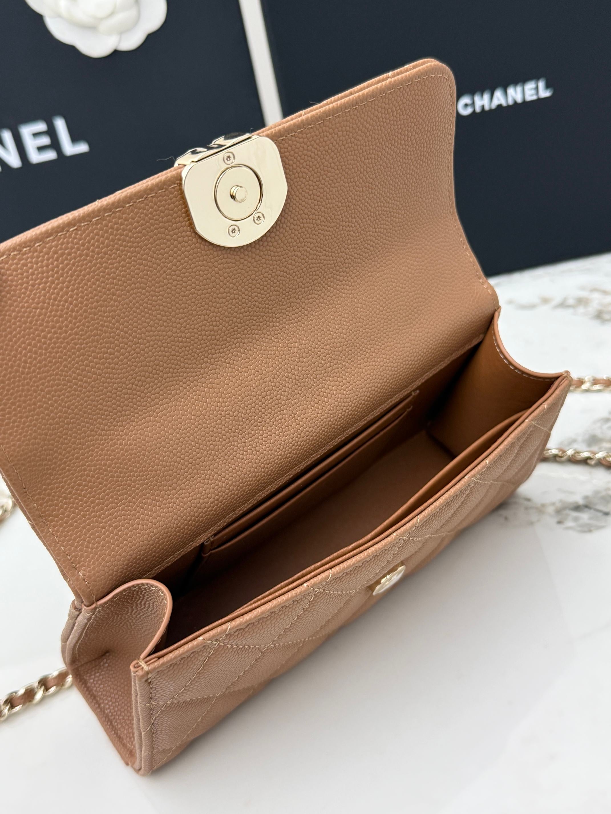 Chanel 25S Caviar Leather Kelly Handle Bag — Caramel