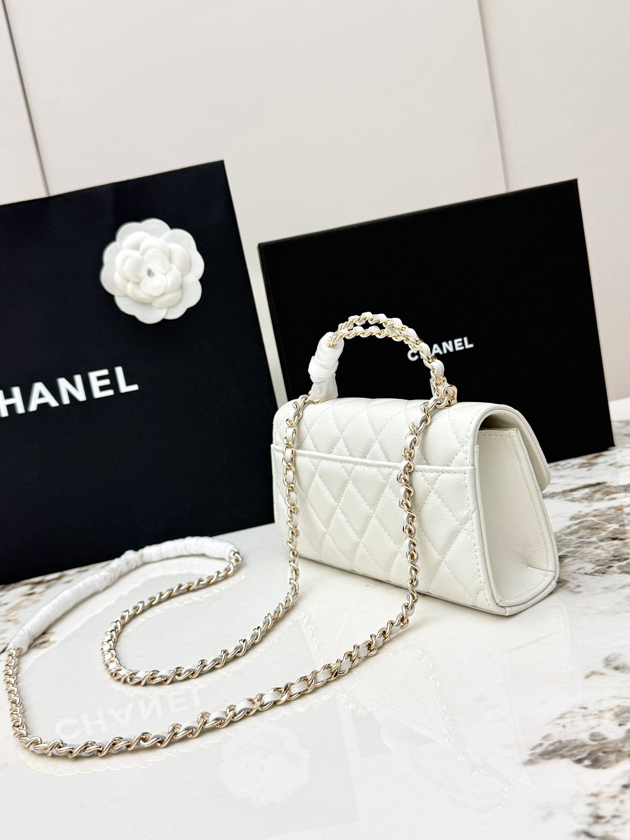 Chanel 25S Caviar Leather Kelly Handle Bag — Cream White
