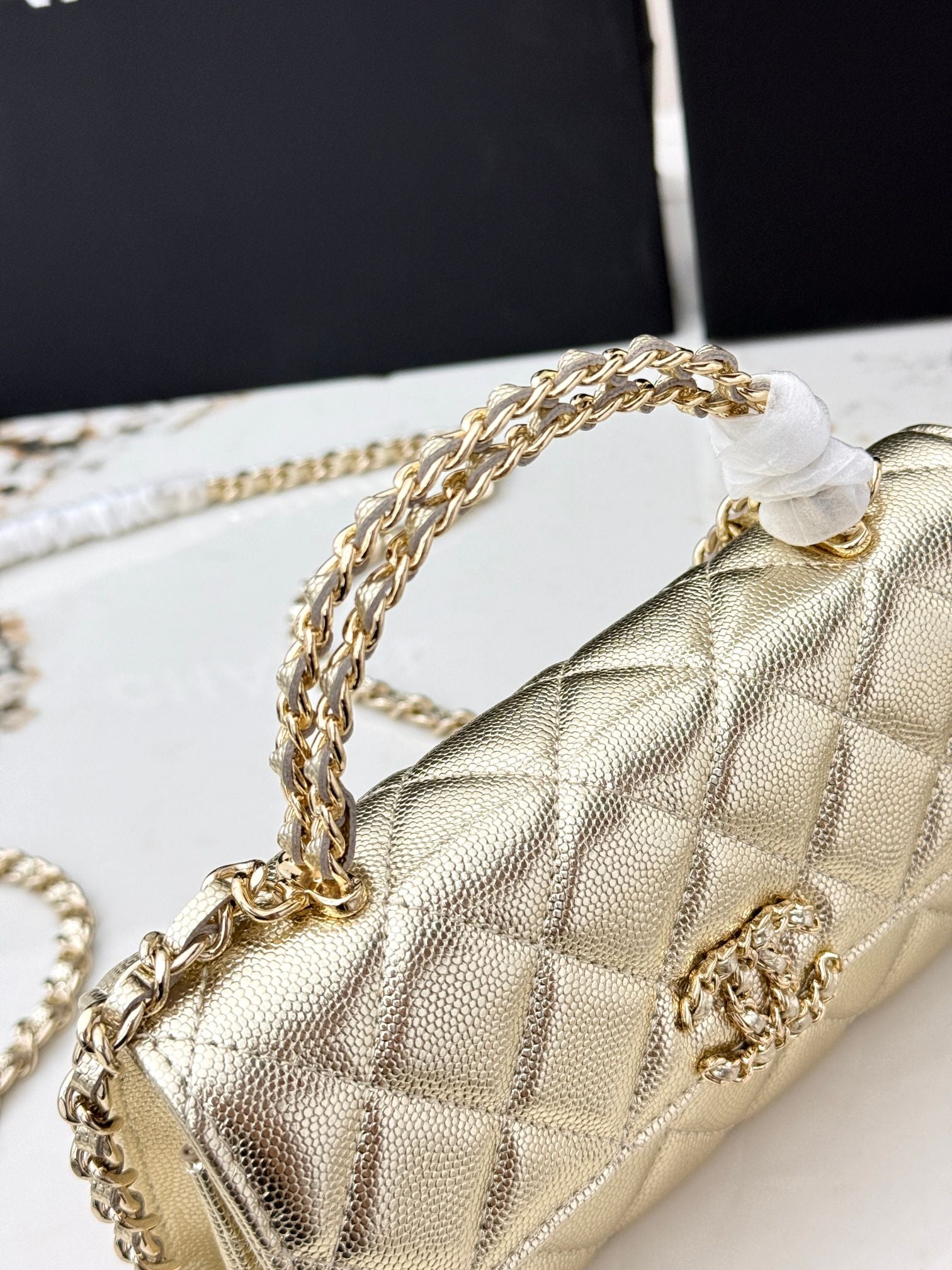 Chanel 25S Caviar Leather Kelly Handle Bag — Gold