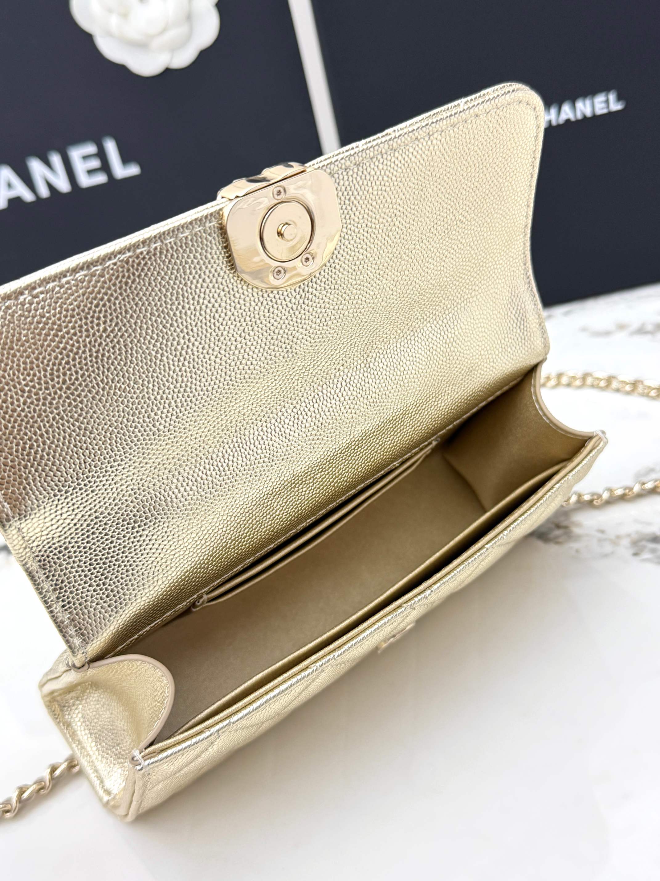 Chanel 25S Caviar Leather Kelly Handle Bag — Gold