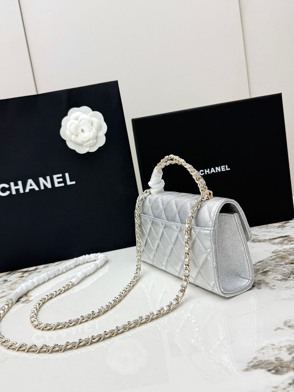 Chanel 25S Caviar Leather Kelly Handle Bag — Glacier Silver