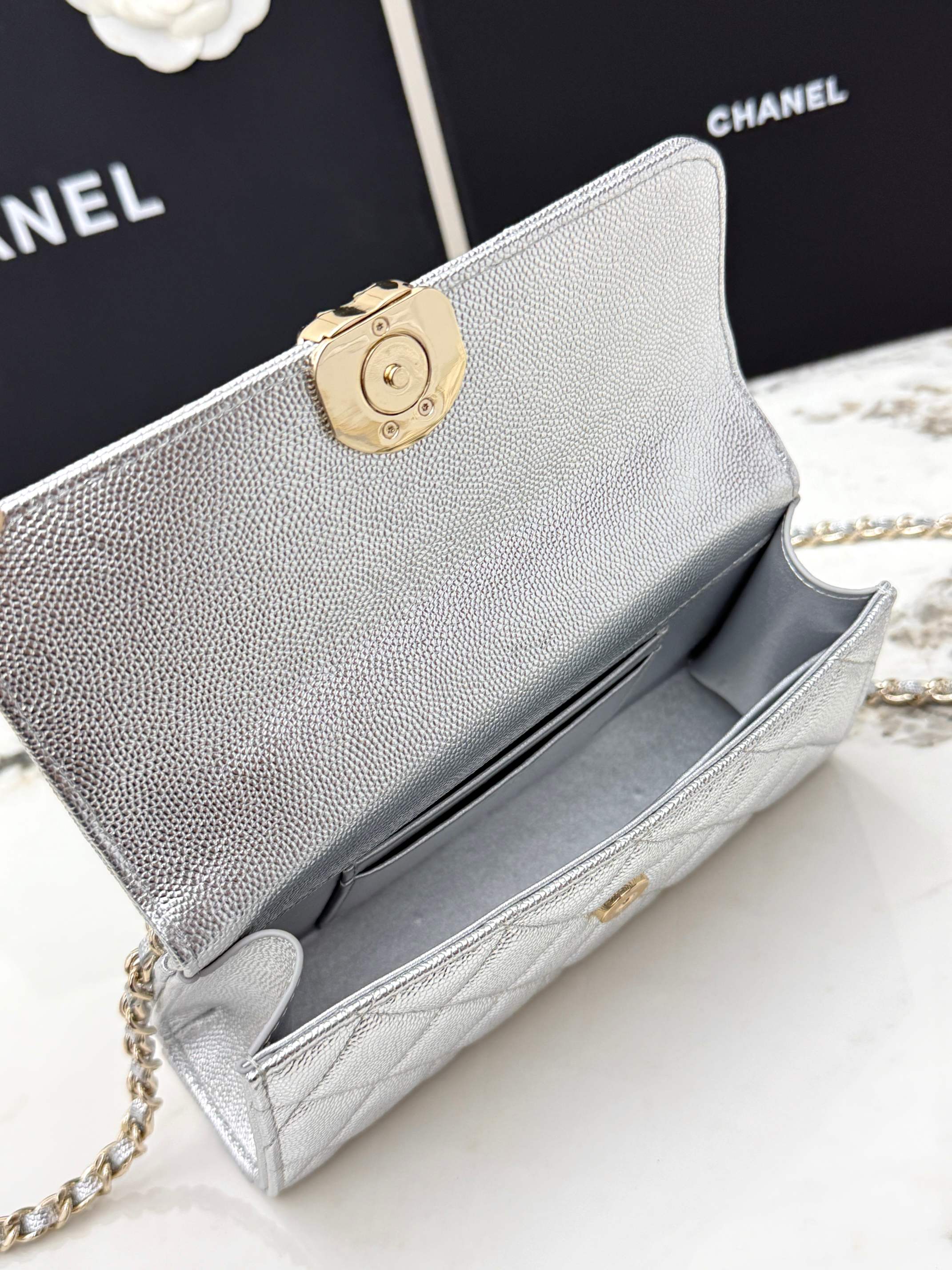 Chanel 25S Caviar Leather Kelly Handle Bag — Glacier Silver