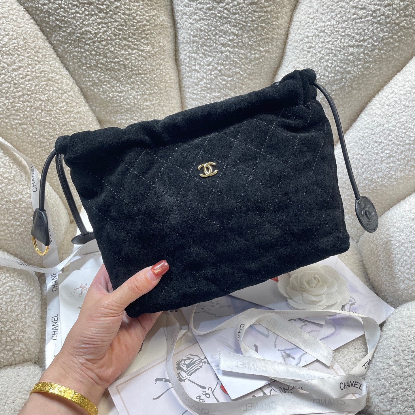 Chanel 25 Small Hobo Bag Black Suede & Gold
