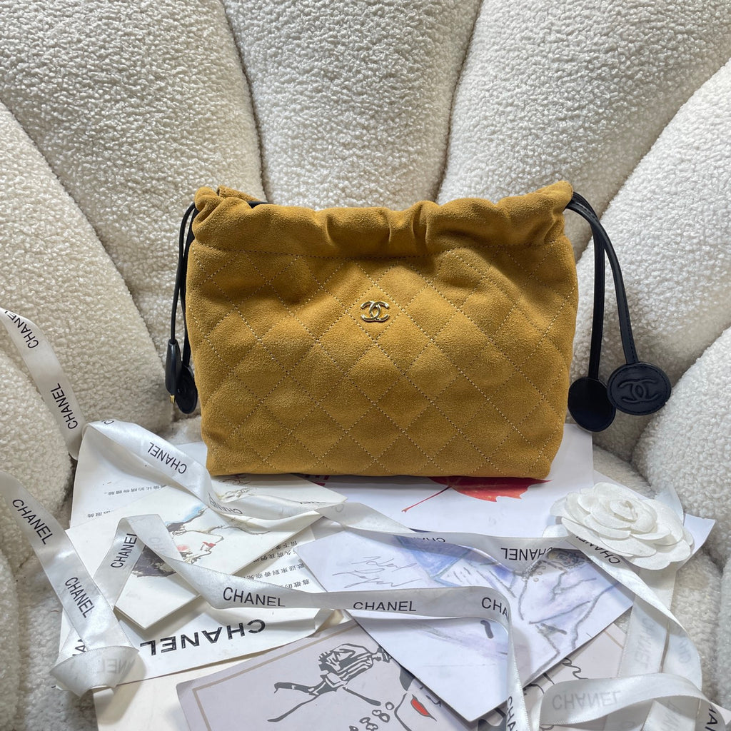 Chanel 25 Small Hobo Bag Mustard Yellow Suede & Gold