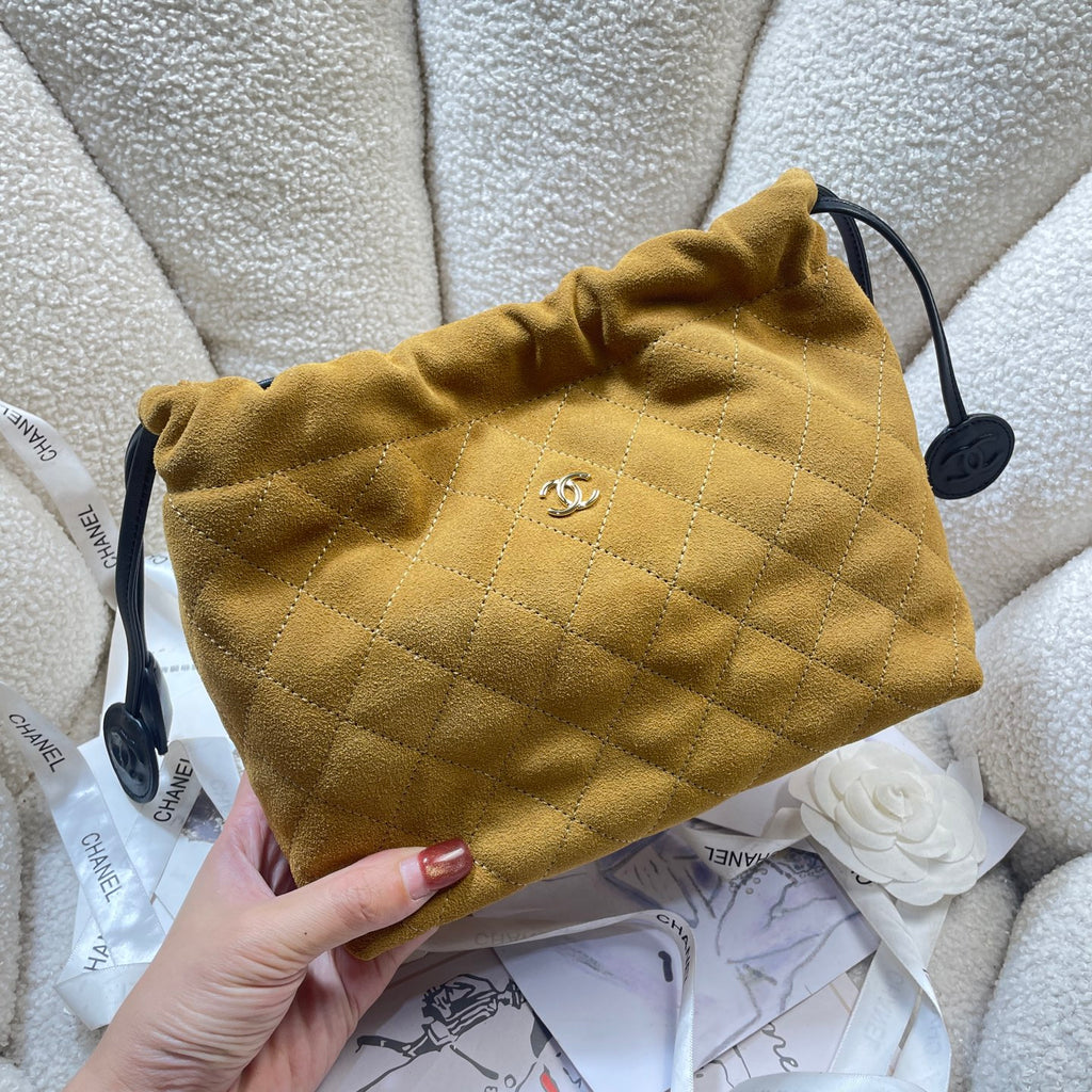 Chanel 25 Small Hobo Bag Mustard Yellow Suede & Gold