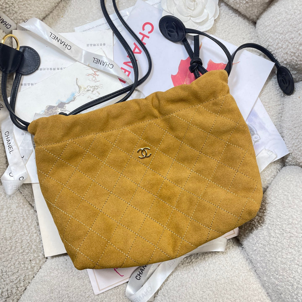 Chanel 25 Small Hobo Bag Mustard Yellow Suede & Gold