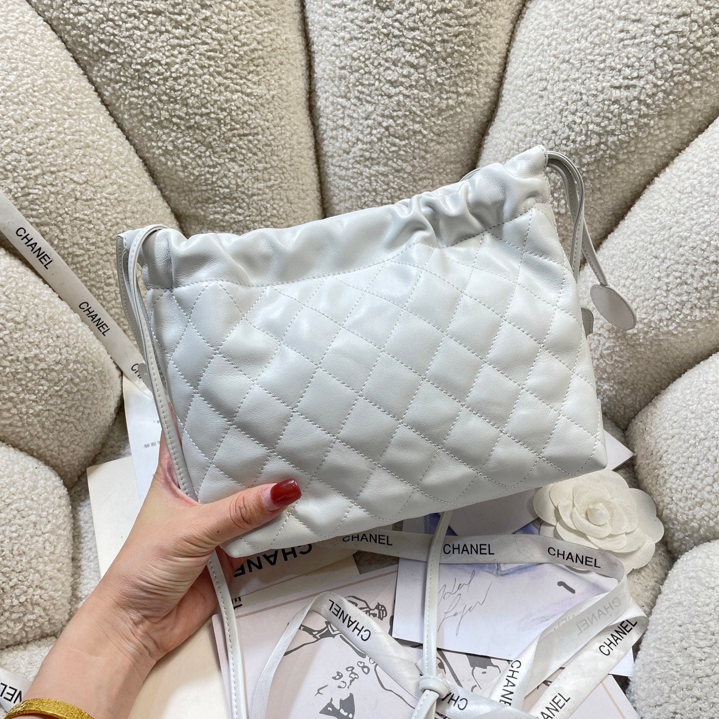 Chanel 25 Small Hobo Bag White Lambskin & Gold