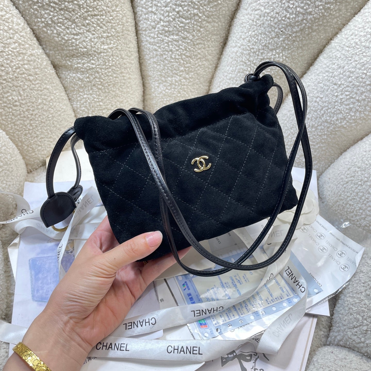 Chanel 25 Mini Hobo Bag Black Suede & Gold