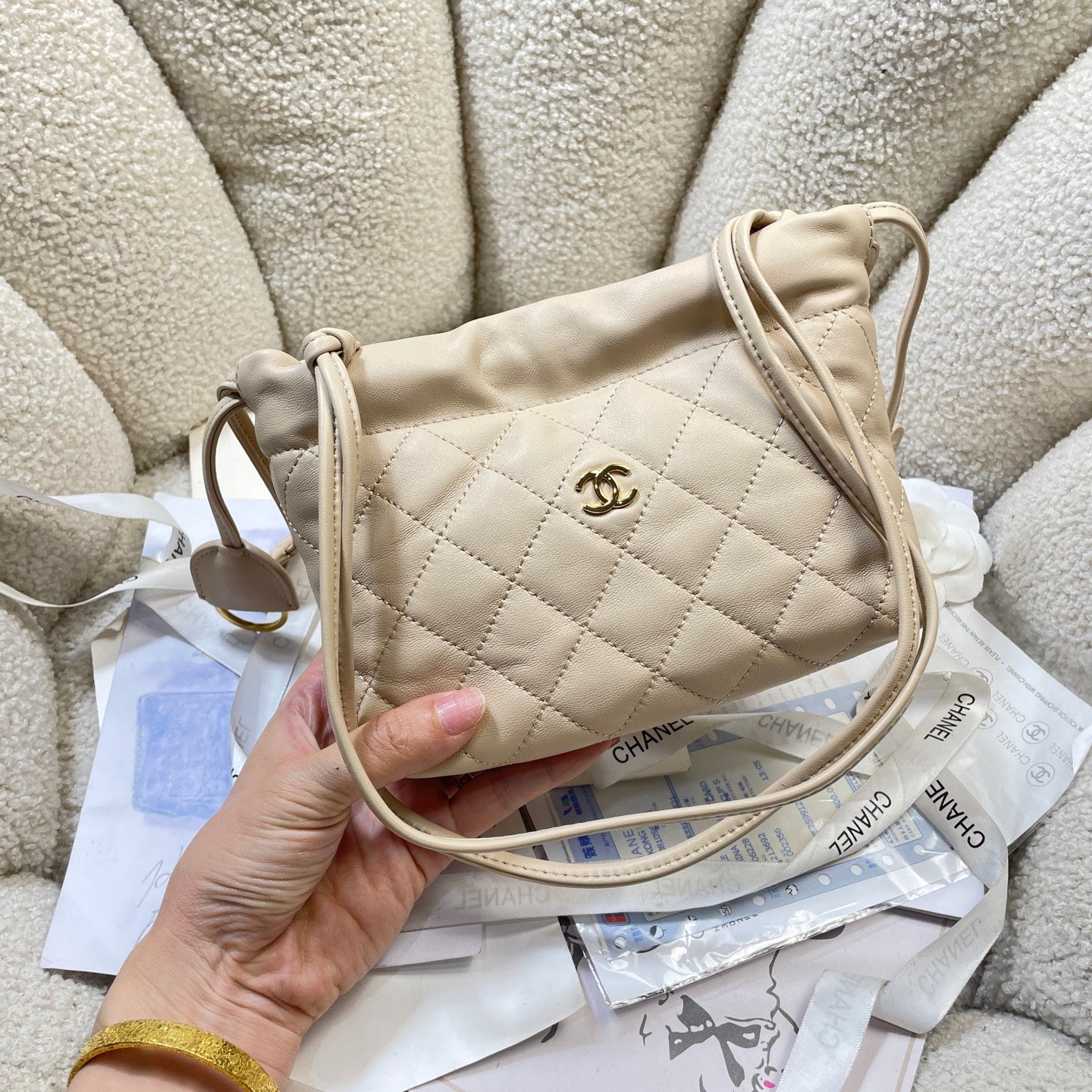 Chanel 25 Mini Hobo Bag Beige Lambskin & Gold