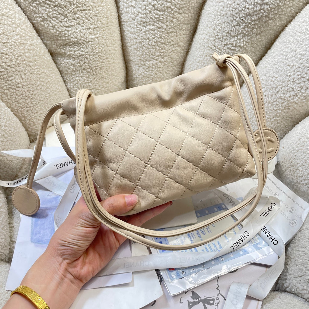 Chanel 25 Mini Hobo Bag Beige Lambskin & Gold