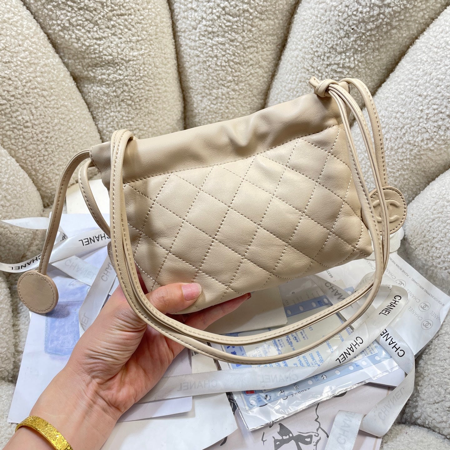 Chanel 25 Mini Hobo Bag Beige Lambskin & Gold