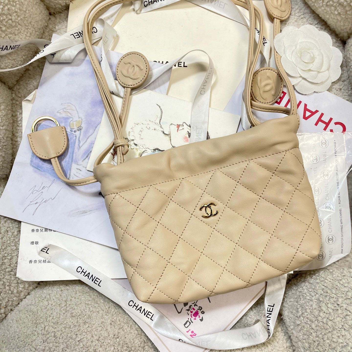 Chanel 25 Mini Hobo Bag Beige Lambskin & Gold