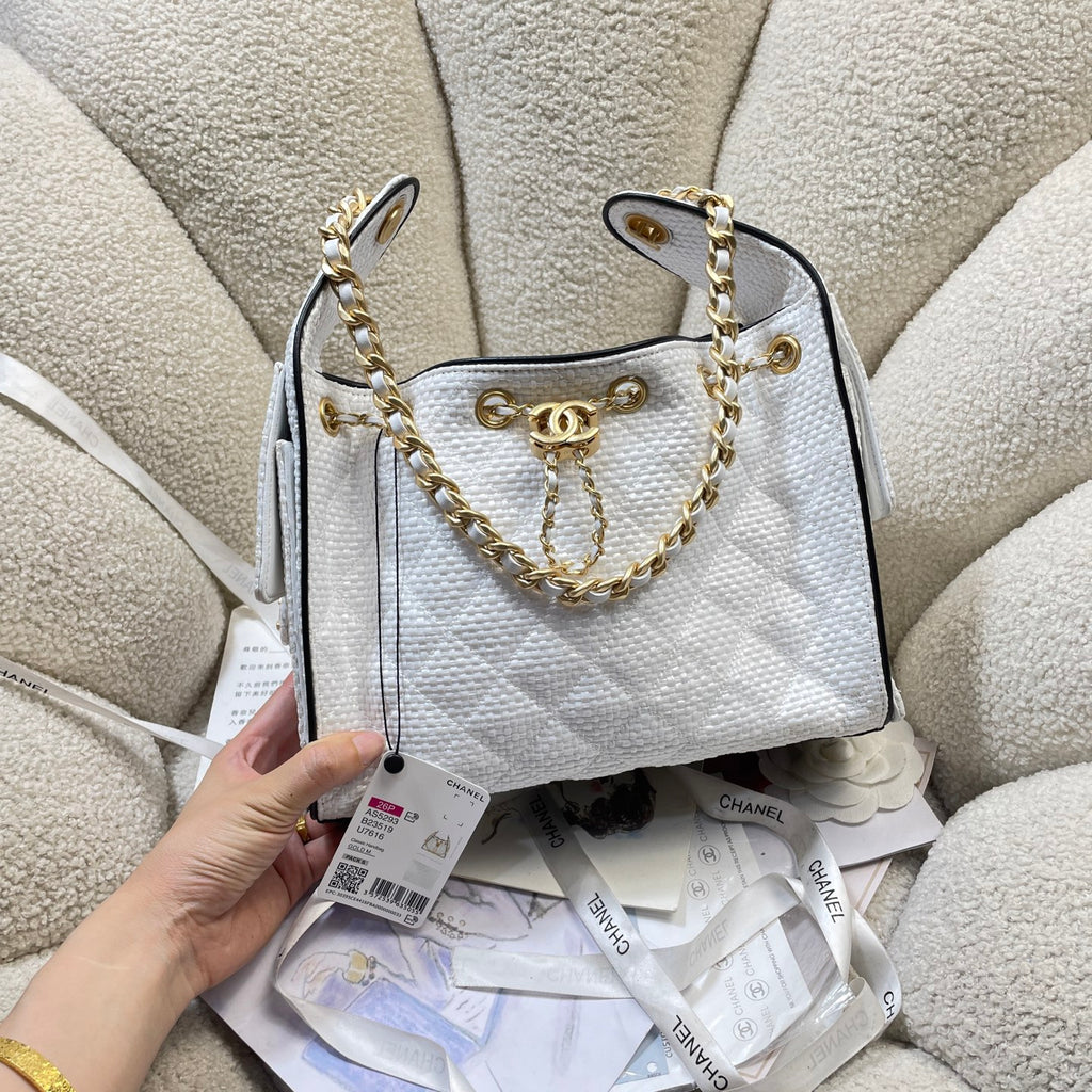 Chanel 25C Cruise Woven Drawstring Bucket Bag White & Gold