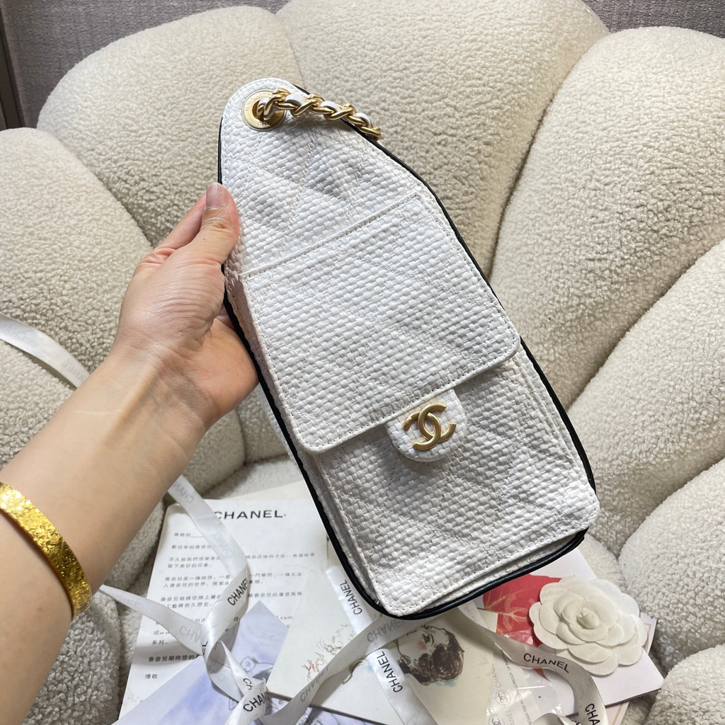 Chanel 25C Cruise Woven Drawstring Bucket Bag White & Gold