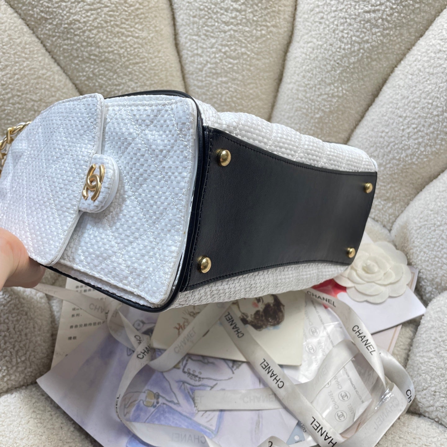 Chanel 25C Cruise Woven Drawstring Bucket Bag White & Gold