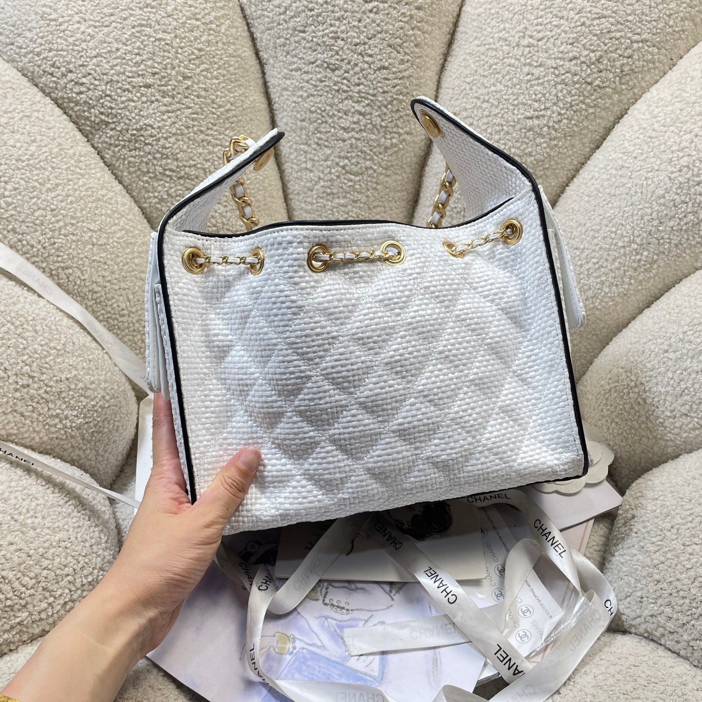 Chanel 25C Cruise Woven Drawstring Bucket Bag White & Gold