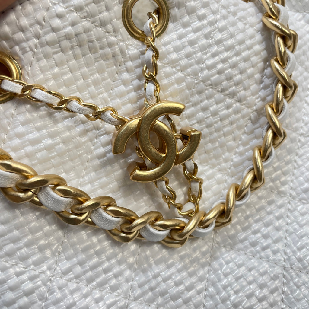 Chanel 25C Cruise Woven Drawstring Bucket Bag White & Gold