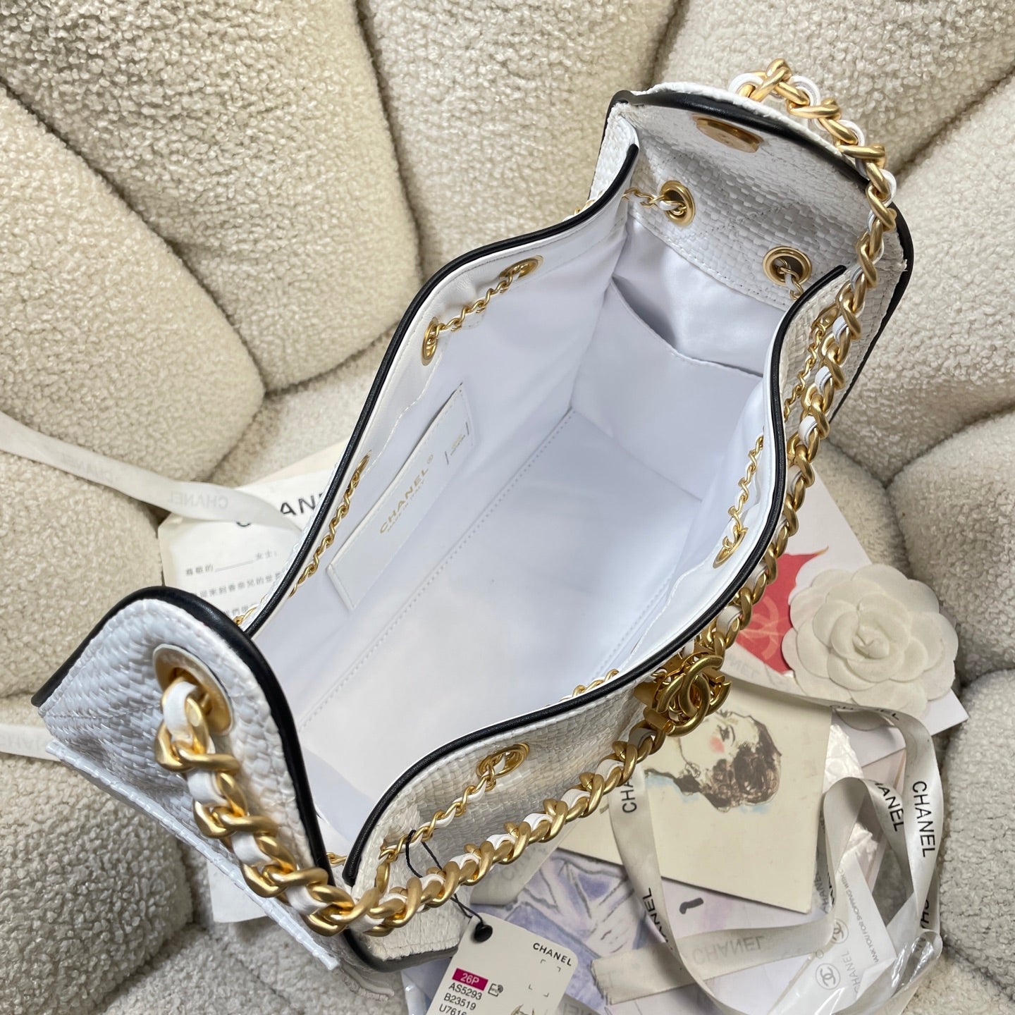 Chanel 25C Cruise Woven Drawstring Bucket Bag White & Gold