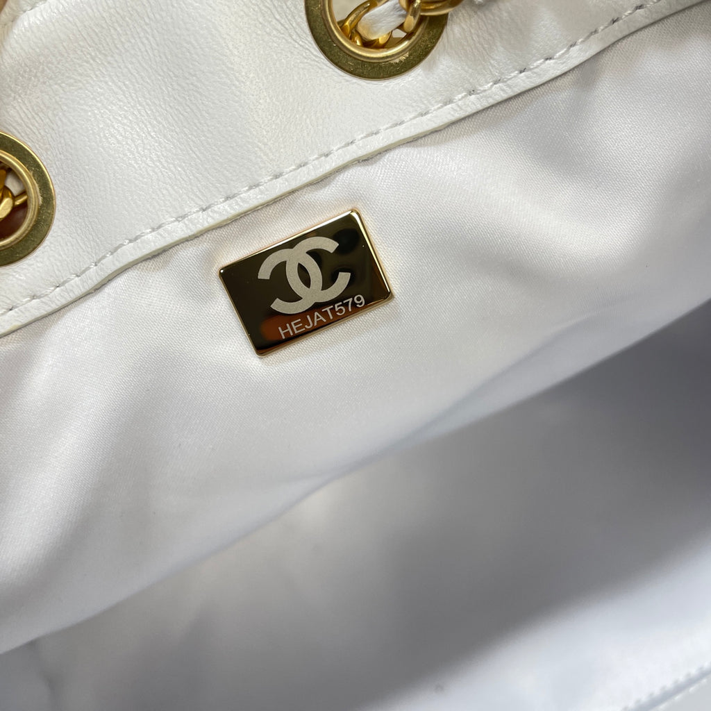 Chanel 25C Cruise Woven Drawstring Bucket Bag White & Gold