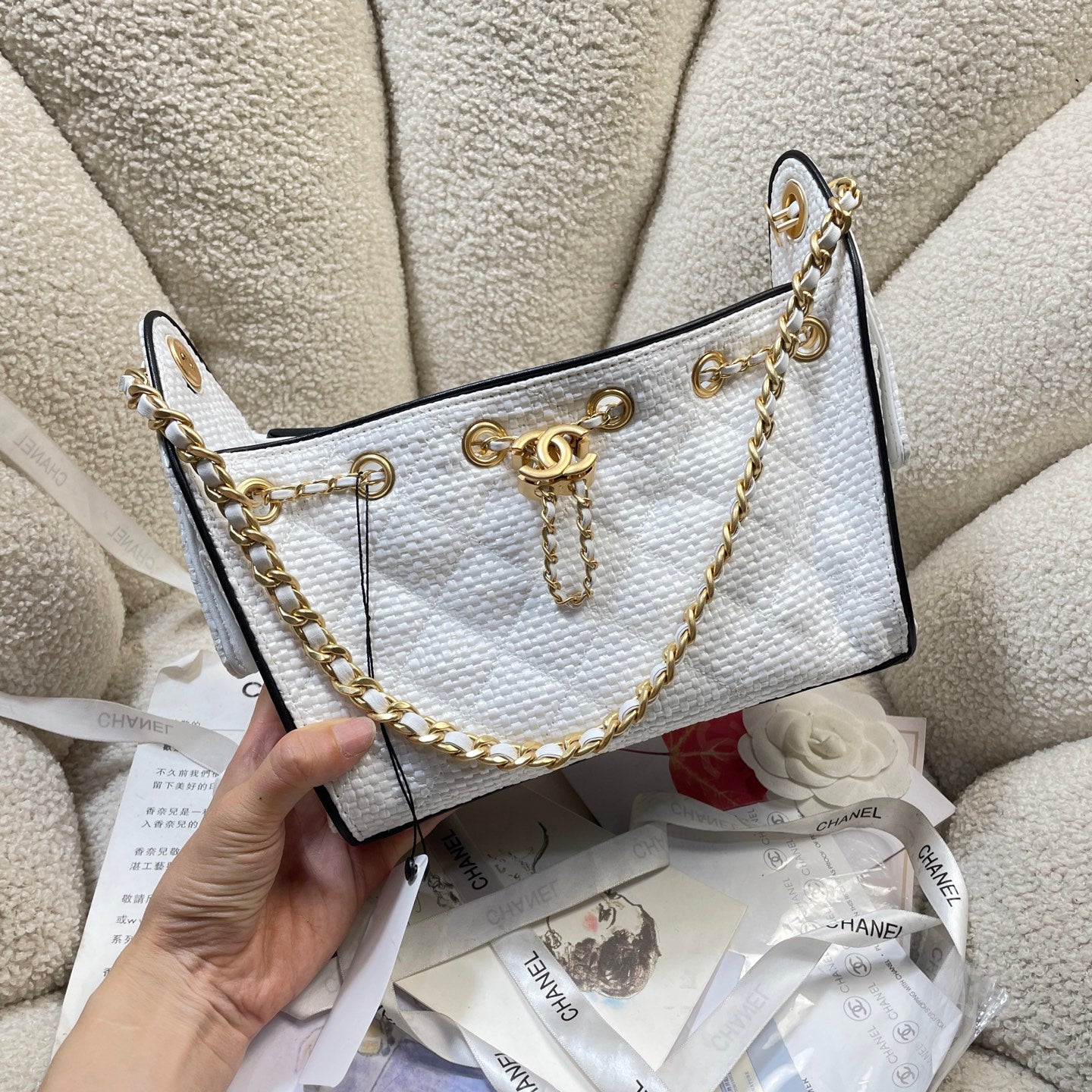 Chanel 25C Cruise Woven Drawstring Mini Bucket Bag White & Gold