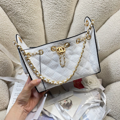 Chanel 25C Cruise Woven Drawstring Mini Bucket Bag White & Gold